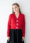 Bowknot Brooch Button Up Crop Knit Cardigan in Red