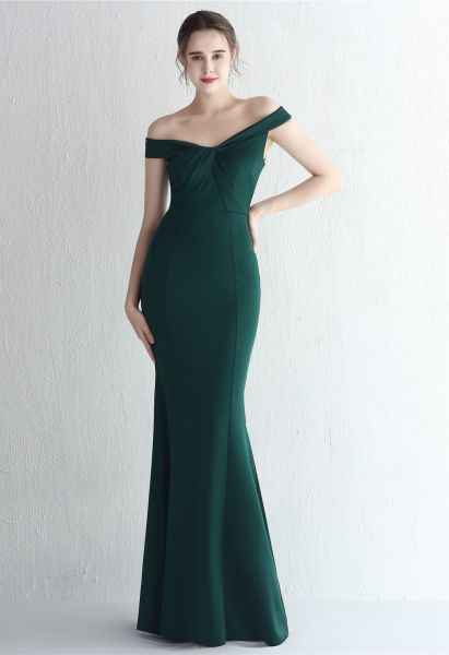 Twist Front Off-Shoulder Gown in Emerald