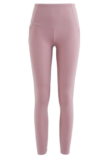 Mesh Pockets High Rise Seam Detail Ankle-Length Leggings in Dusty Pink