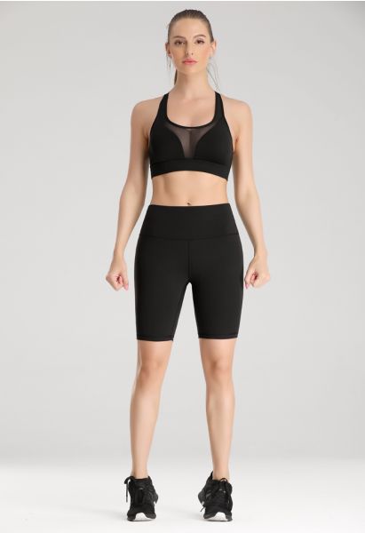 Crisscross Lines Trim Legging Shorts in Black