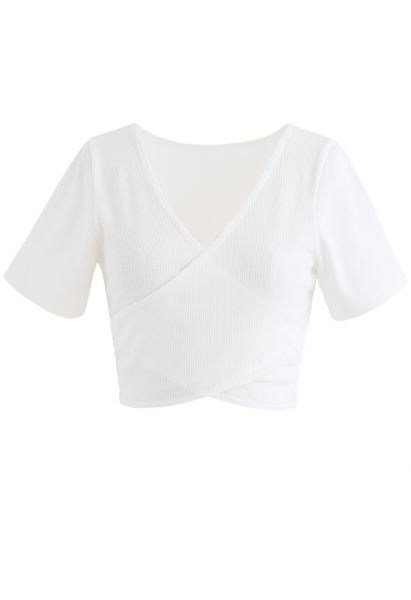 Crisscross Front Short Sleeves Ribbed Top in White