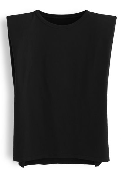 Padded Shoulder Sleeveless Top in Black