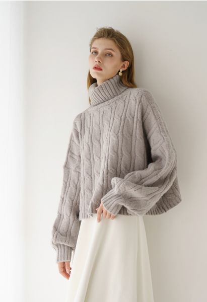 Turtleneck Braid Knit Crop Sweater in Taupe