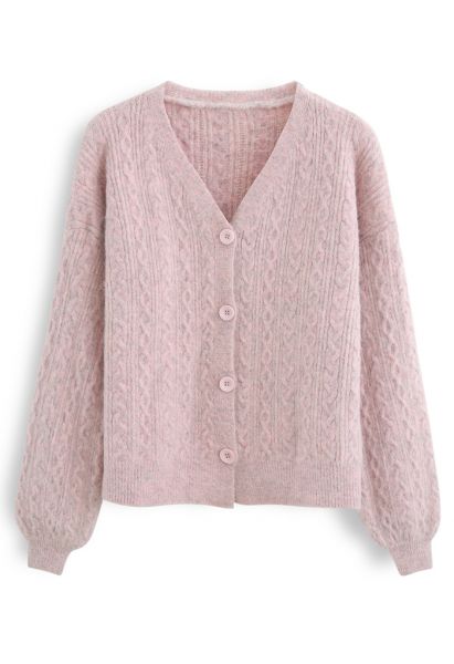 Braid Buttoned Fuzzy Knit Cardigan in Pink