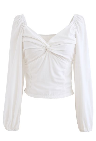 Twist Front Shirred Back Crop Top in White