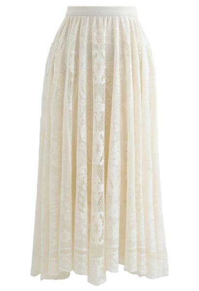 Divine Floral Lace Midi Skirt in Cream