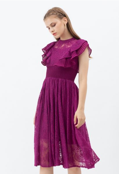 Tiered Ruffle Sleeveless Midi Lace Dress in Magenta