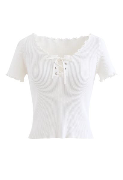 lettuce Edge Lace-Up Crop Knit Top in White