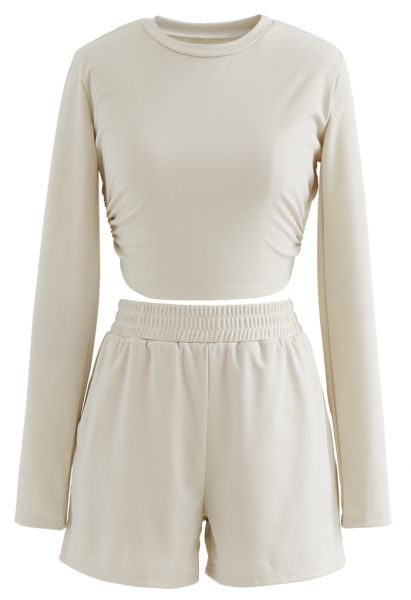 Cutout Tie Back Crop Top and Shorts Set in Light Tan