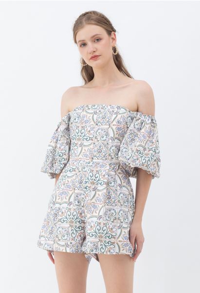 Grid Paisley Floral Off-Shoulder Playsuit