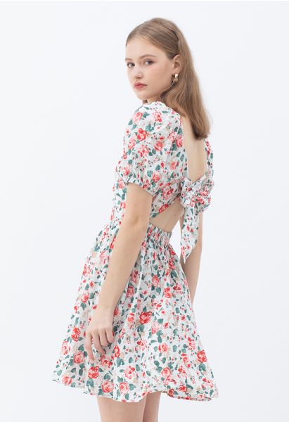 Red Rose Blossom Watercolor Tie Back Dress