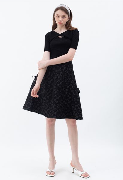 Embossed Flower Bowknot Side Flare Skirt