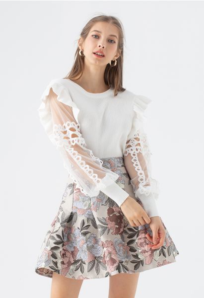 Lace-Adorned Mesh Sleeve Knit Top in White