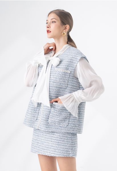 Pearly Edge Pocket Tweed Vest Jacket in Blue