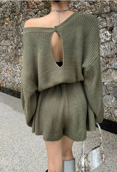 Drawstring Waist Rib Knit Playsuit in Army Green