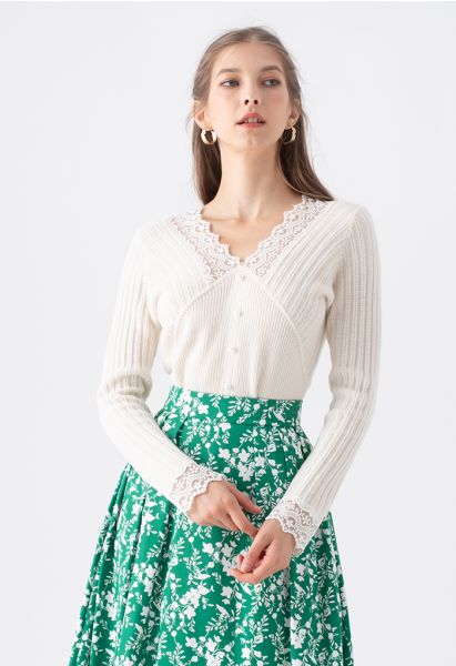 Lace Inserted Soft Touch Knit Top