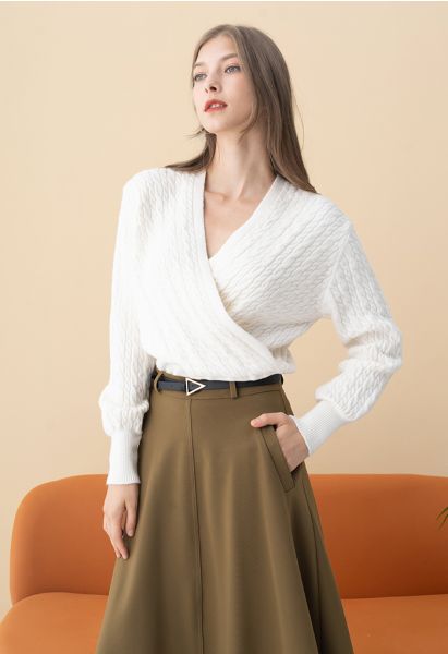 Cable Knit Wrap Front Crop Sweater in Cream