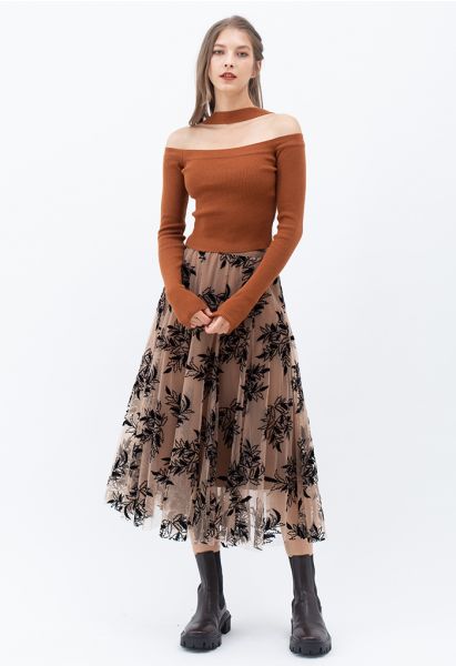 3D Leaf Double-Layered Mesh Tulle Midi Skirt in Caramel