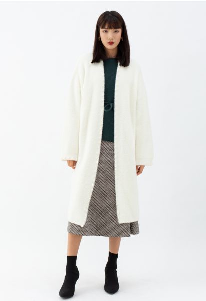 Comfy Fuzzy Pearl Edge Longline Knit Cardigan