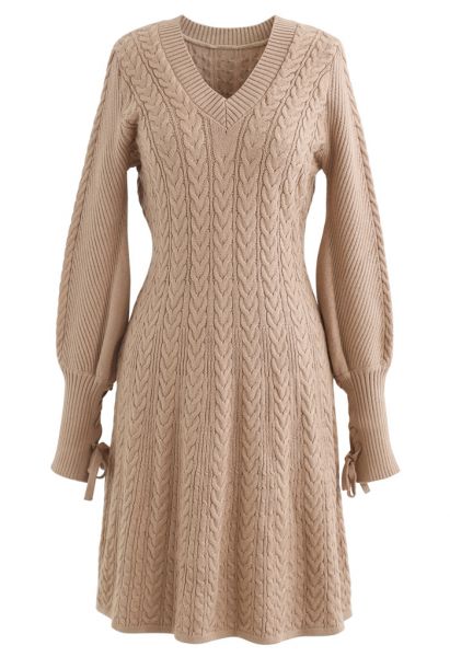 Lace Up Sleeves V-Neck Braid Knit Dress in Camel