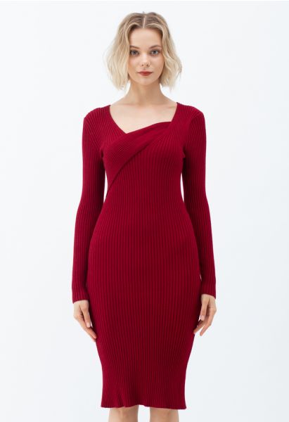 Surplice Wrap Front Ribbed Knit Dress in Red