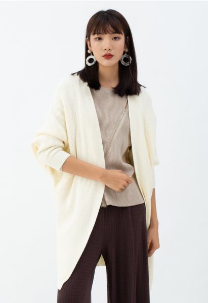 Batwing Ribbed Knit Longline Cardigan in Cream