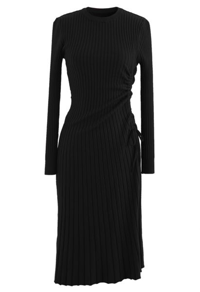 Side Drawstring Ribbed Knit Midi Dress in Black