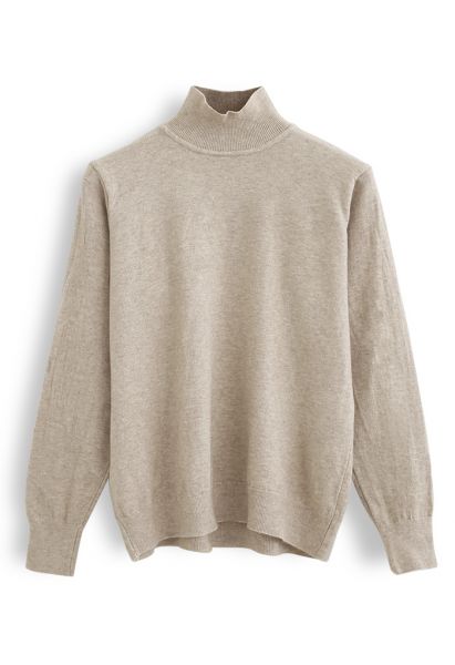 Basic High Neck Knit Top in Sand