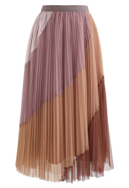 Multi Color Double-Layered Pleated Tulle Midi Skirt in Berry