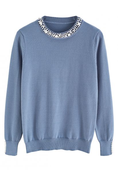 Pearl Trimmed Soft Knit Top in Dusty Blue