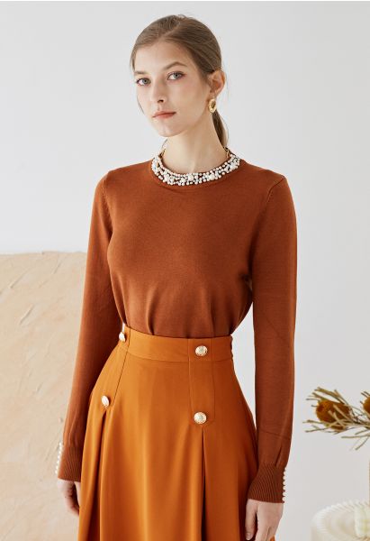 Pearl Trimmed Soft Knit Top in Caramel