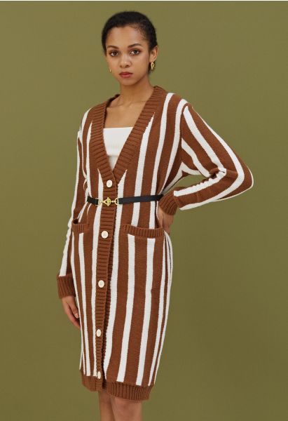 Striped Button Down Longline Cardigan in Caramel