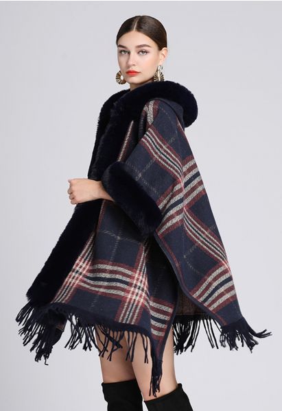 Plaid Fringe Faux Fur Hooded Poncho in Navy