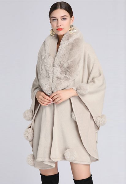 Faux Fur Collar Pom-Pom Trim Poncho in Ivory