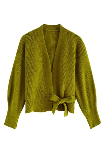 Self-Tie Bowknot Wrap Knit Top in Olive