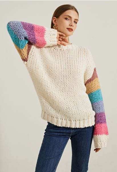 Colorblock-Sleeve Hand Knit Sweater