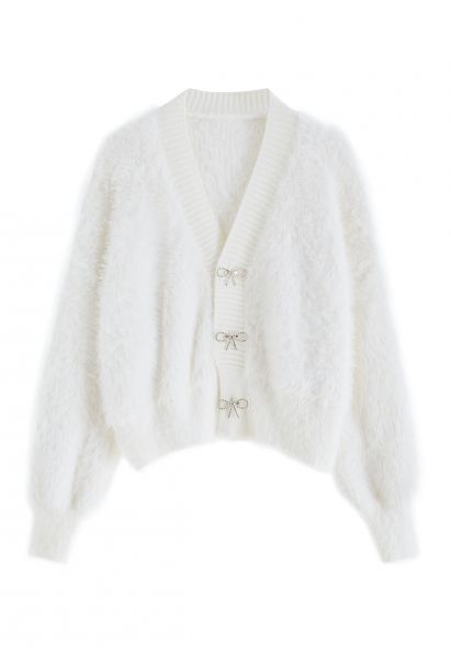 Bowknot Brooch Fuzzy Knit Cardigan in White