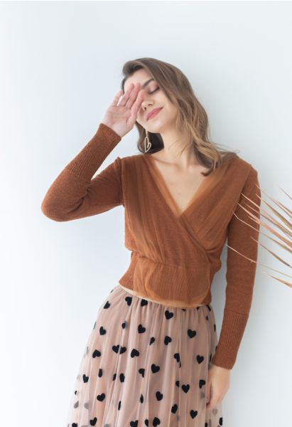 Mesh Overlay Long Sleeve Wrap Crop Knit Top in Caramel