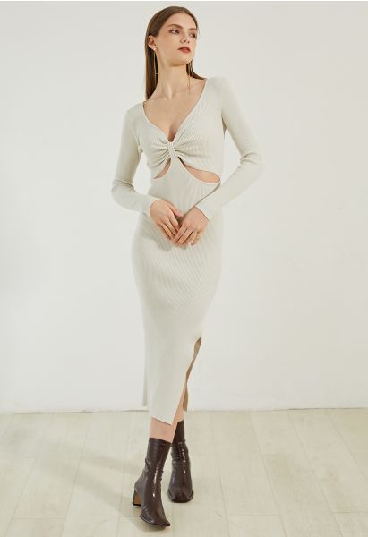 Front Cutout Split Hem Knit Dress in Ivory