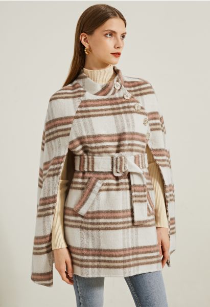 Plaid Side Buttons Belted Wool-Blend Cape Coat