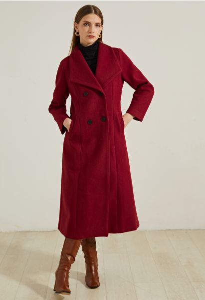 Wide Lapel Double-Breasted Flare Longline Coat in Red