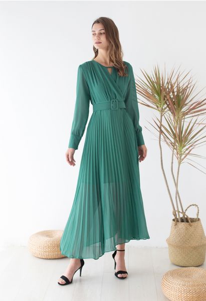 Flowy Chiffon Wrap Pleated Maxi Dress in Green