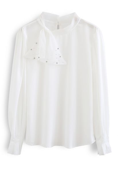 Pearly Mesh Bowknot Satin Shirt in White