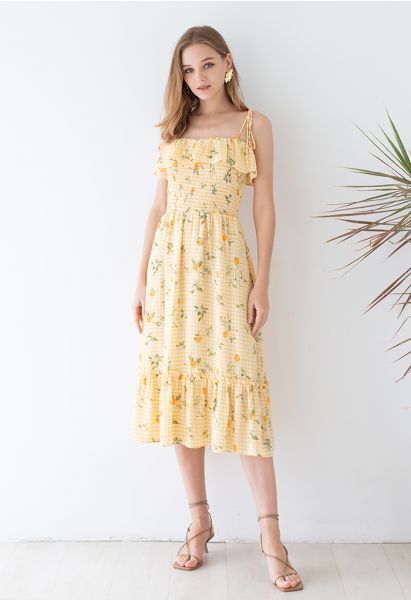 Lemon and Gingham Print Shirred Midi Dress