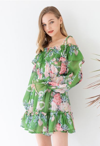 Flowery Ruffle Cold-Shoulder Chiffon Playsuit in Green