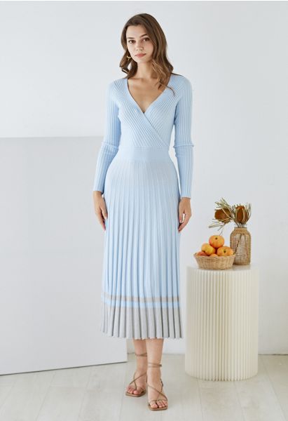 Soft Knit Contrast Hem Wrap Midi Dress in Baby Blue