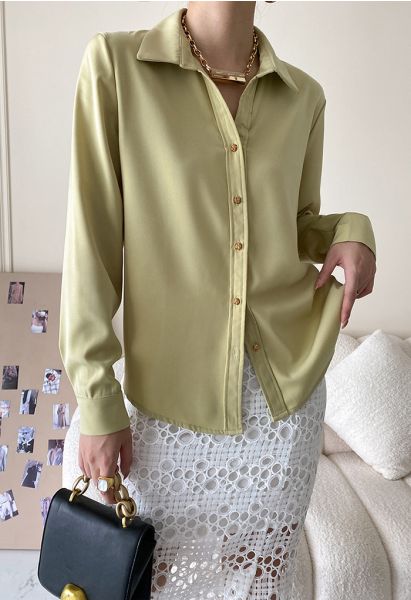 Golden Button Pointed Collar Shirt in Lime