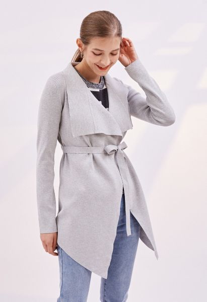 Wide Lapel Tie Waist Knit Cardigan in Grey