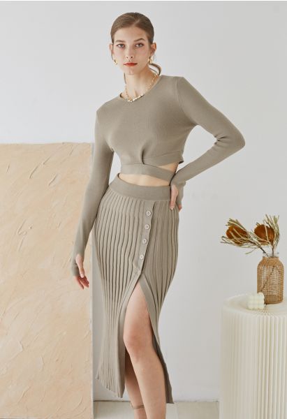 Buttoned Front Slit Rib Knit Skirt in Taupe