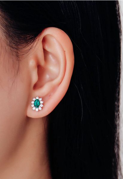 Floral Oval Emerald Gem Stud Earrings